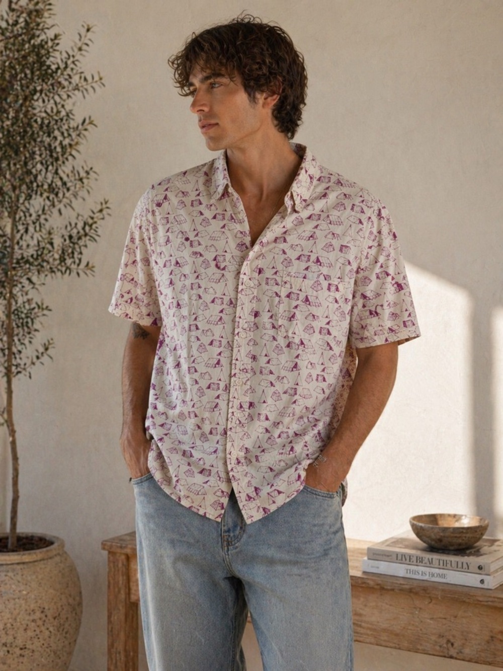 J.Crew Tent Print Button Up Shirt Campcore Gorpcore Outdoors Short Sleeve Sz M